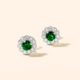 Certified 14K Gold 1.36ct Natural Diamond w/ Simulated Emerald Round Flower Stud White Earrings