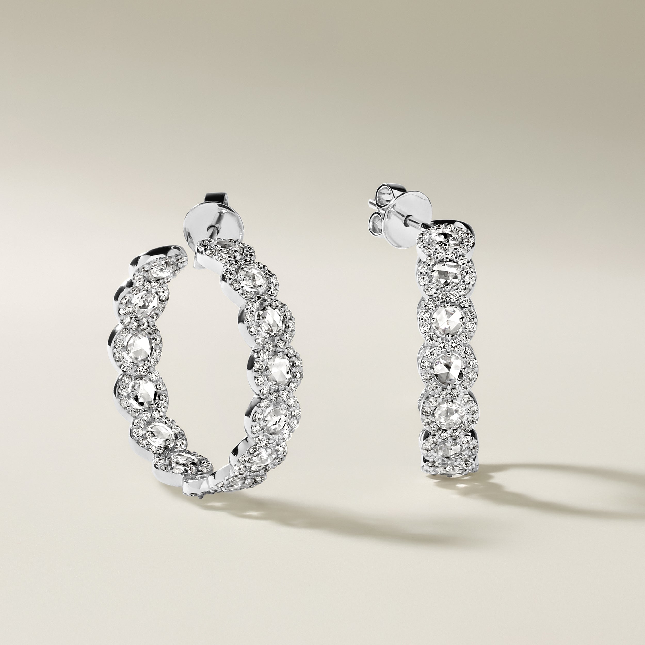 Certified 18K Gold 4ct Natural Diamond E-VVS Rose-Cut Inside Out Hoop White Earrings