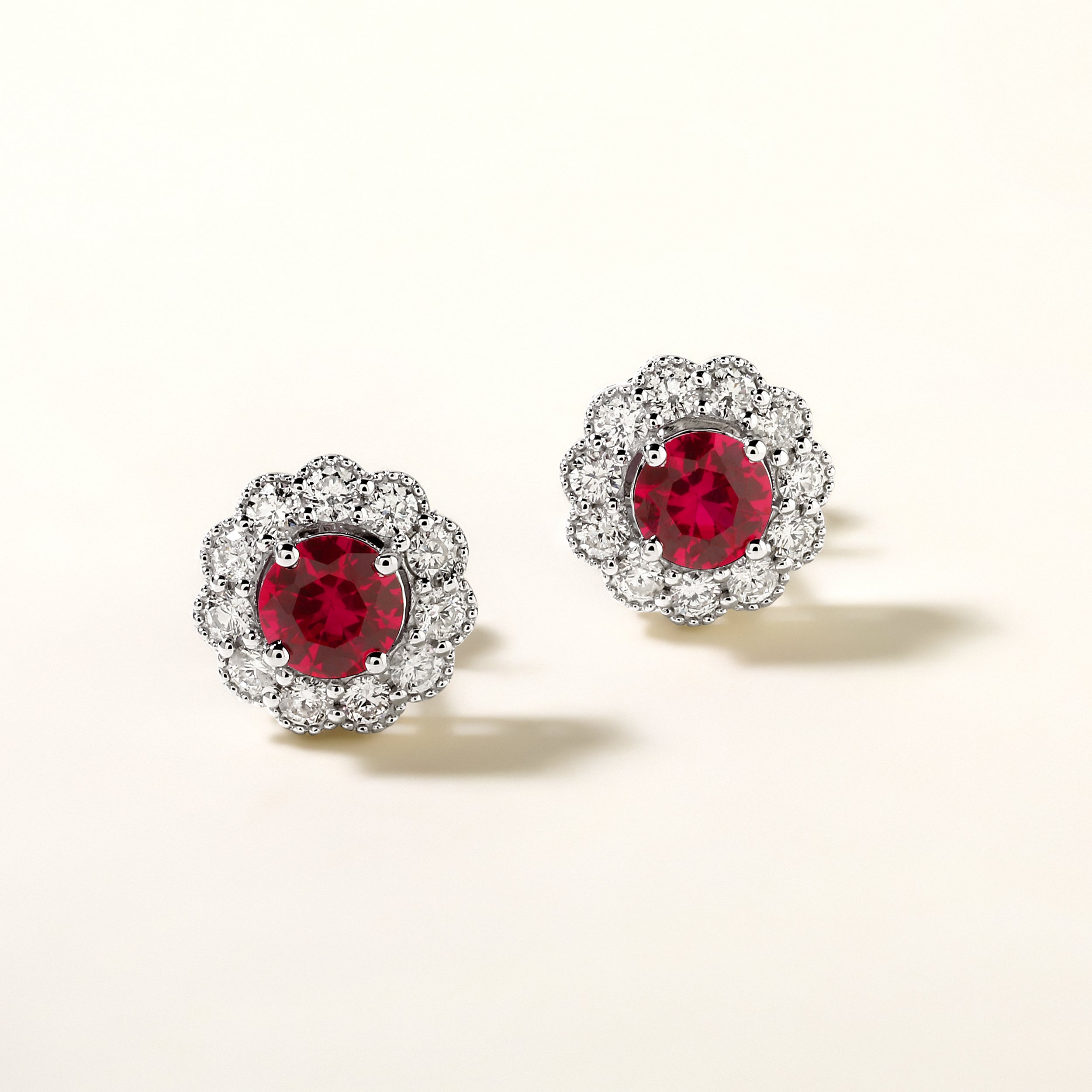 Certified 14K Gold 1.8ct Natural Diamond w/ Simulated Ruby Round Flower Stud Earrings
