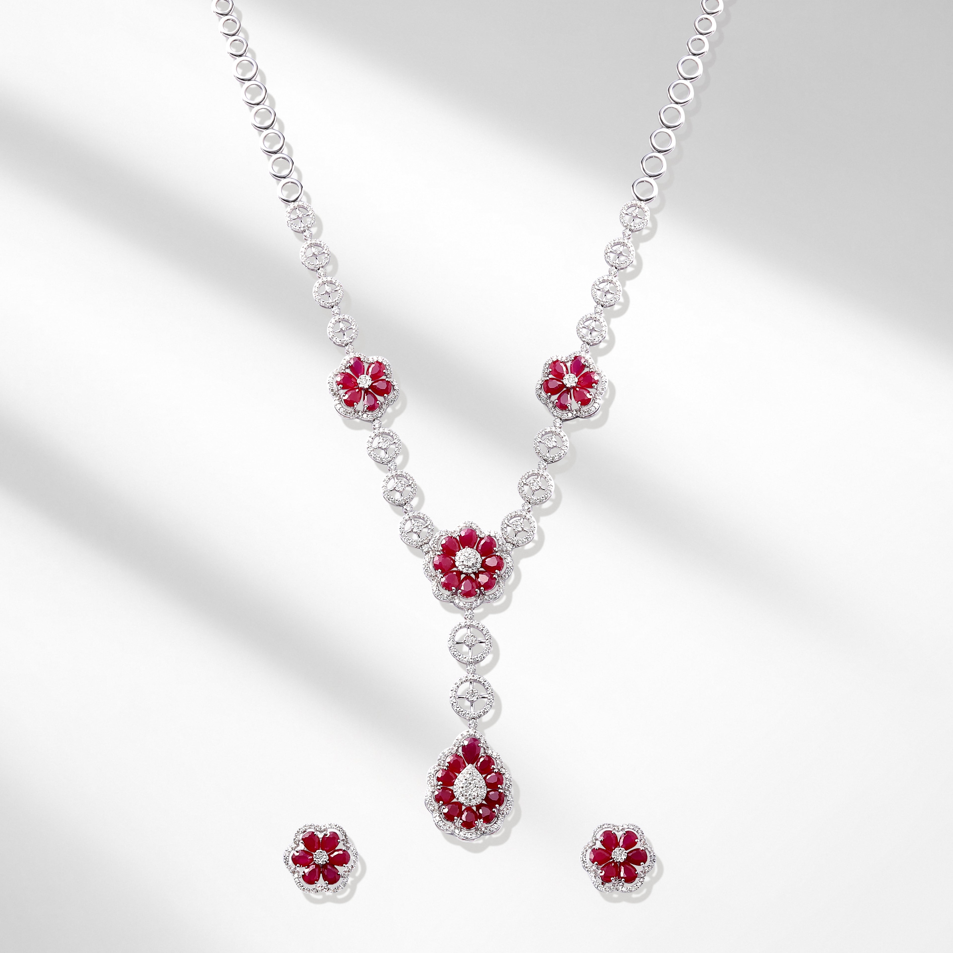 Certified 14K Gold 23.5ct Natural Diamond w/ Simulated Ruby Wedding Flower White Necklace Set