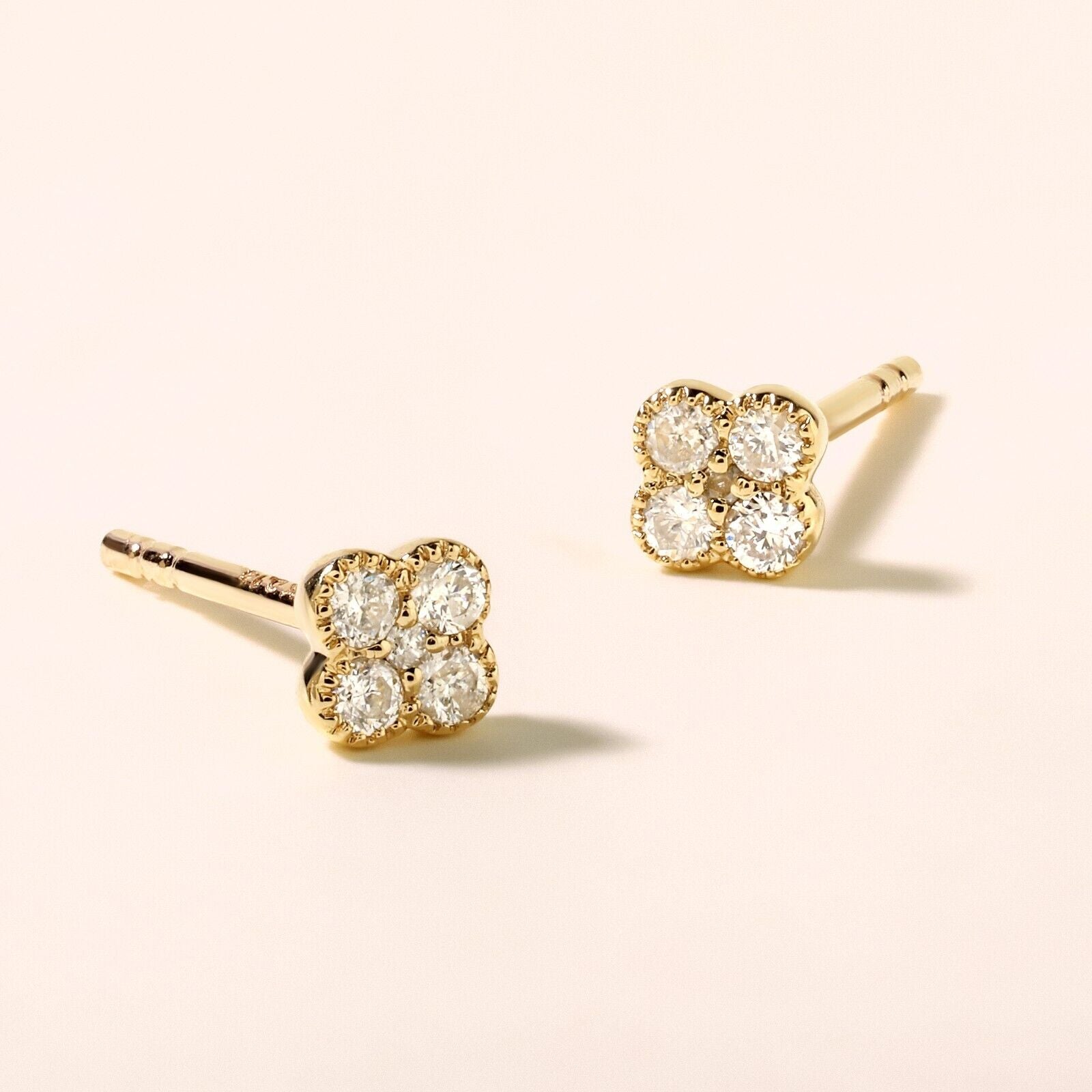 Certified 14K Gold 0.13ct Natural Diamond E-SI Small Clover Stud Yellow Earrings
