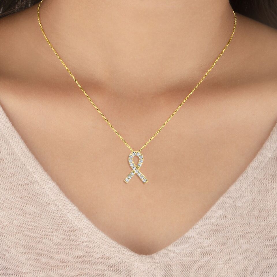 Certified 14K Gold Natural Diamond E-I1 Breast Cancer Awareness Support Ribbon Yellow Necklace